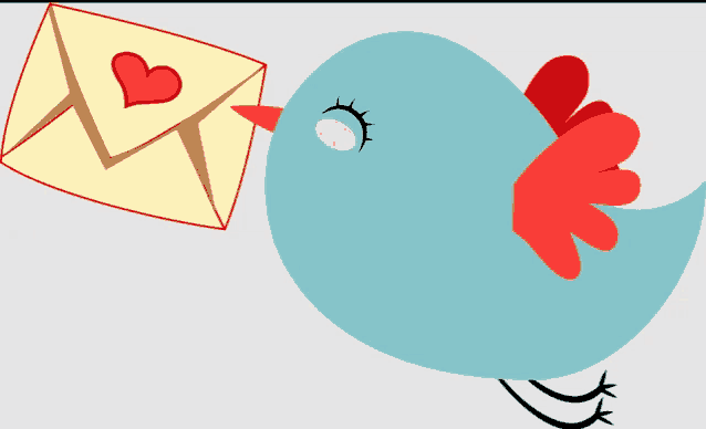 a blue bird with red wings is carrying an envelope with a heart on it