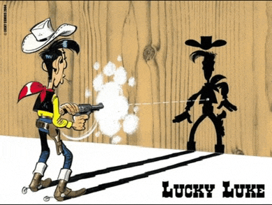 a cartoon of lucky luke holding a gun and his shadow