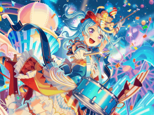 a girl with blue hair is playing a drum