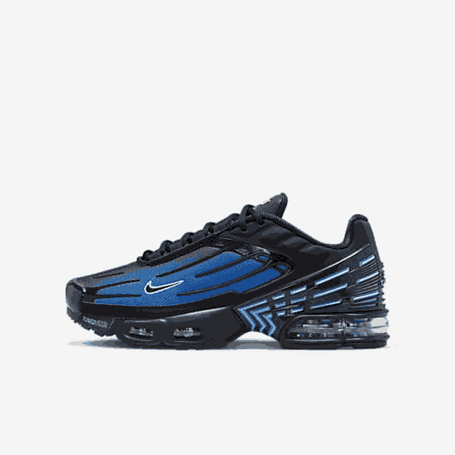 a pair of blue and black nike air max plus 3 sneakers on a white background