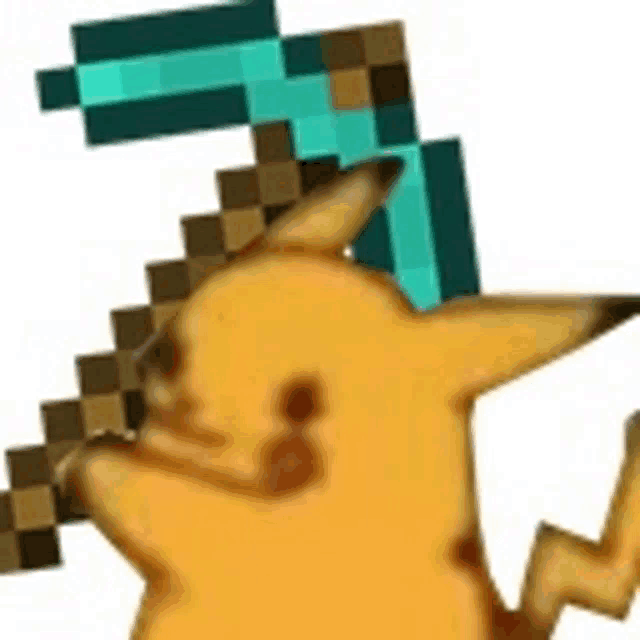 a pikachu is holding a diamond pickaxe in minecraft .