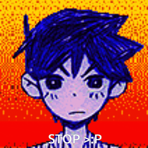 a pixel art drawing of a boy with blue hair and the words stop > p on the bottom .