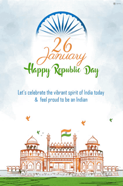 a poster for happy republic day with a drawing of a building