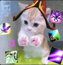 a kitten wearing a wizard hat is surrounded by game icons and the number 3