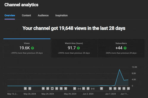 a screenshot of a channel analytics page showing views and watch time