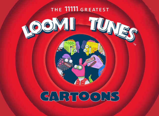 an advertisement for loomi tunes cartoons with a red circle in the middle