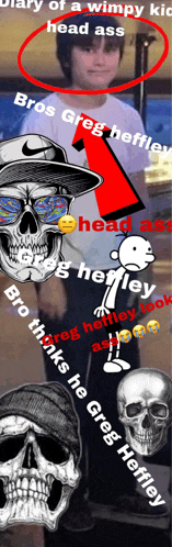 a diary of a wimpy kid poster with skulls and a boy