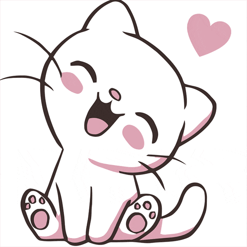 a cartoon drawing of a white cat with a pink heart above it