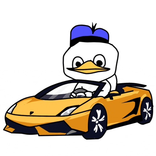 a cartoon duck wearing a blue hat is driving a yellow lamborghini