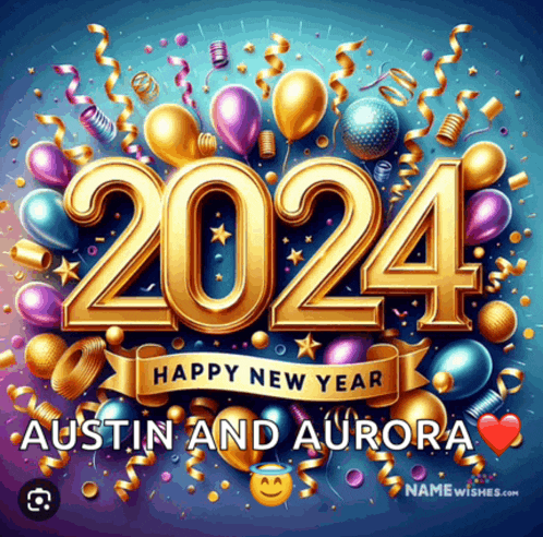 happy new year austin and aurora with balloons and streamers