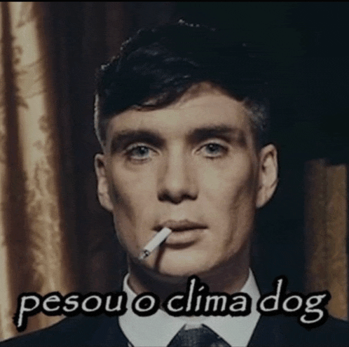 a man smoking a cigarette with the words pesou o clima dog written below him