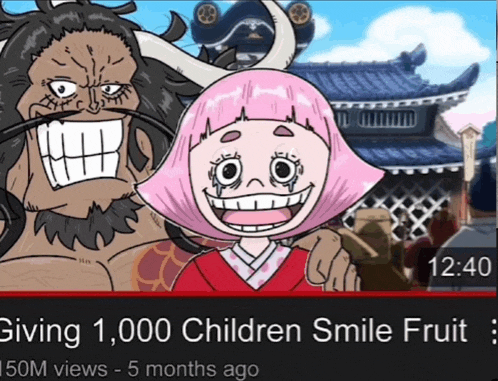 a cartoon of a man and a girl with the words giving 1,000 children smile fruit at the bottom