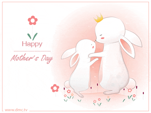 a happy mother 's day greeting card with two rabbits on a pink background