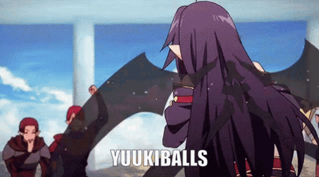 a purple haired anime character says yuukiballs in front of a group of men