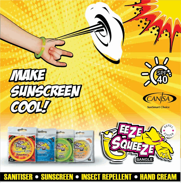 an advertisement for eeze squeeze bangle which is a sunscreen and insect repellent