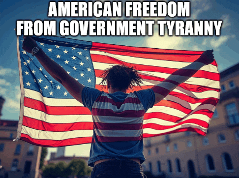 a woman holding an american flag with the words american freedom from government tyranny above her