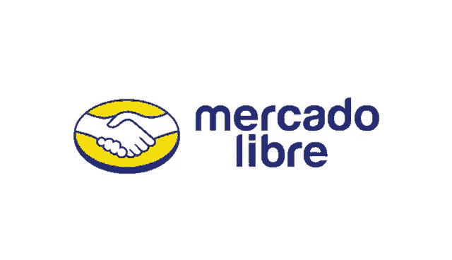 a yellow and blue logo for mercado libre with two hands shaking