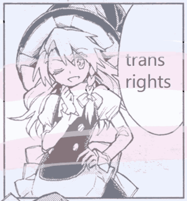 a drawing of a witch with the words trans rights behind her