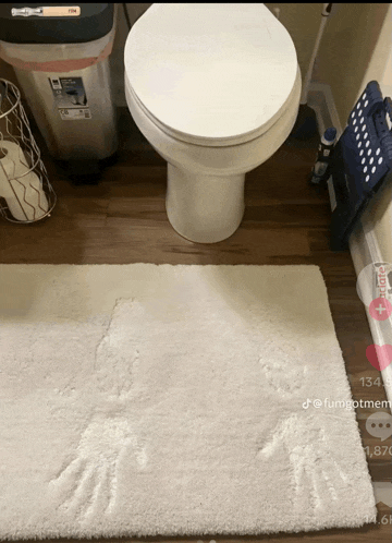 a white toilet sits in a bathroom next to a trash can and a white rug