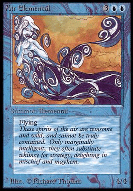 a blue card that says air elemental flying on it