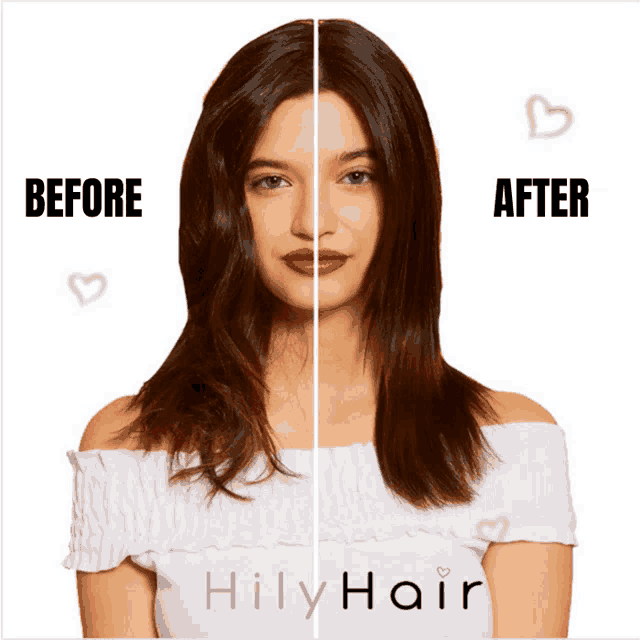 a woman 's hair is shown before and after being treated by hily hair