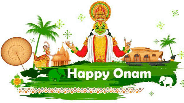 it is a greeting card for happy onam with a traditional costume and a boat .