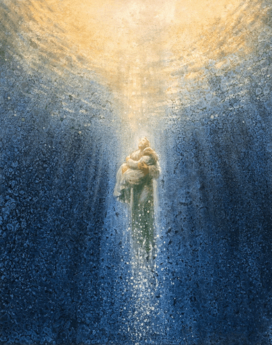 a painting of a man carrying a child in the water