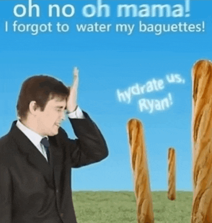 a man in a suit holds his hand to his forehead in front of a field of baguette sticks