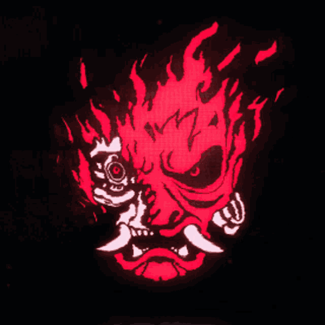 a red and white drawing of a samurai mask with flames coming out of it