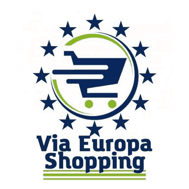 a logo for via europa shopping with a shopping cart in the middle of a circle of stars .