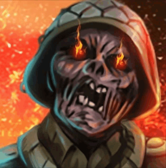 a painting of a zombie soldier with flaming eyes