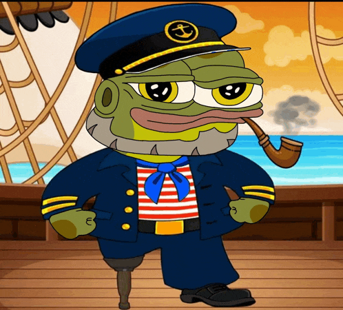 a cartoon of a frog wearing a captain hat and smoking a pipe