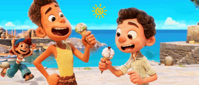 two cartoon boys are eating ice cream on the beach