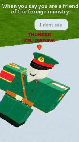 a cartoon of a man in a military uniform says thunder i dont cae