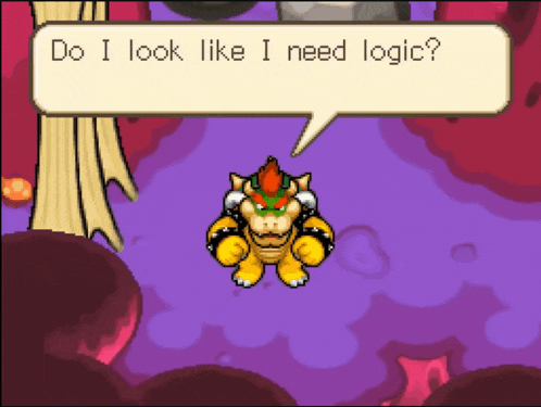 a video game character says " do i look like i need logic " in a speech bubble