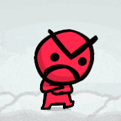 a red cartoon character with an angry face is standing on a white background