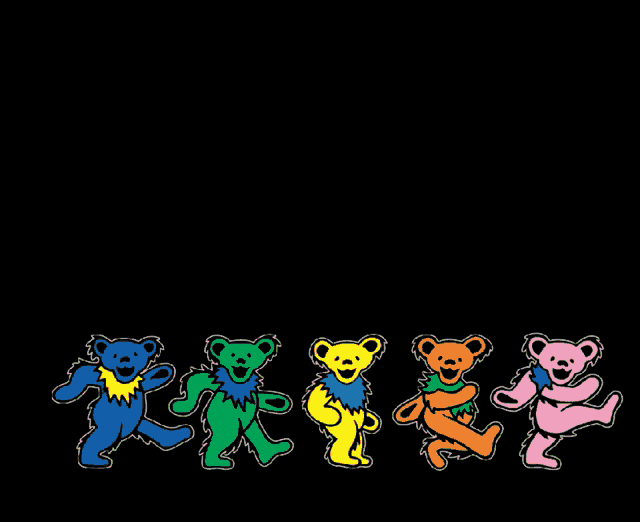 a row of colorful bears are dancing in a row on a black background