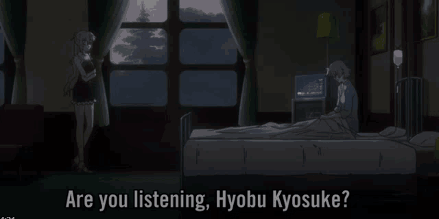 a girl standing next to a man in a hospital bed with the words are you listening hyobu kyosuke