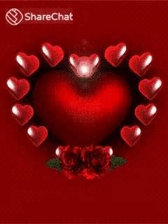 a heart surrounded by hearts and roses on a red background