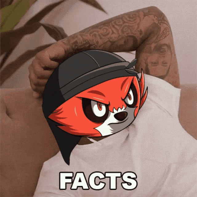 a man with a tattoo on his arm is laying on a couch with a picture of a fox and the words facts