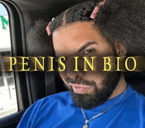 a man with a beard and pigtails is sitting in a car with the words penis in bio behind him .