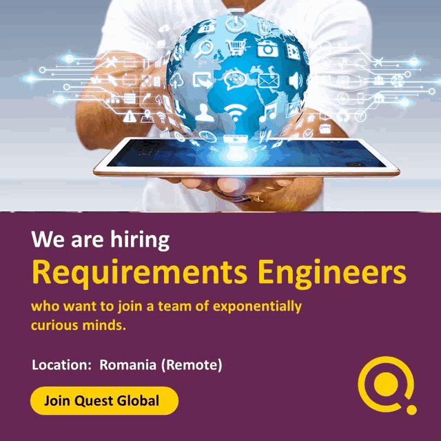 a man is holding a tablet with a globe on it and the words we are hiring requirements engineers