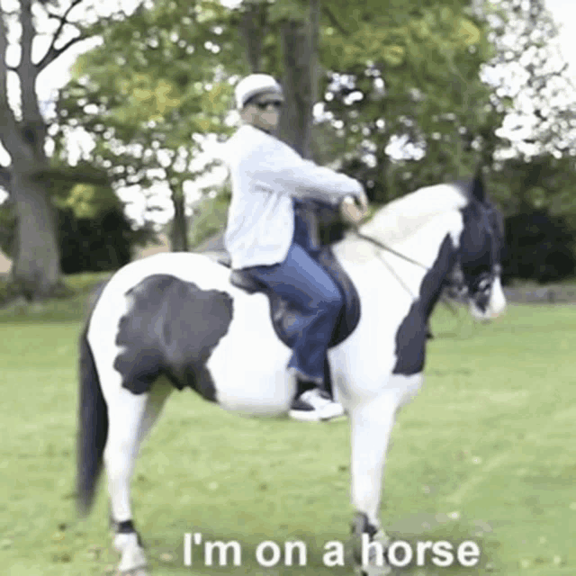 a man riding a black and white horse with the words " i 'm on a horse " on the bottom