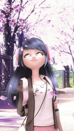 a girl with blue hair and a backpack stands in front of a tree with flowers falling from it