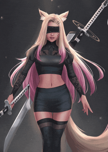 a girl with long blonde hair is holding two swords in her hands