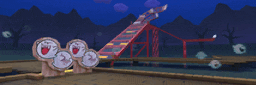 a cartoon of a roller coaster with ghosts on the side