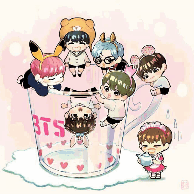 a drawing of a group of boys in a cup with bts written on it