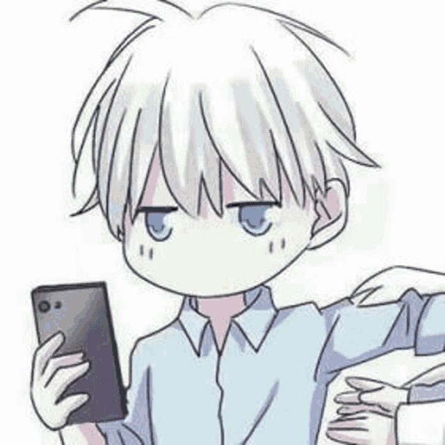 a cartoon boy is holding a cell phone in his hand and taking a selfie .