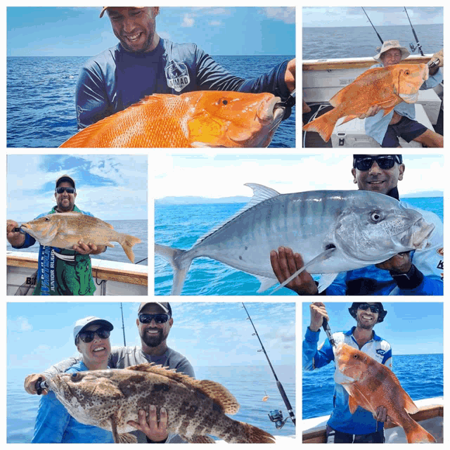 a collage of photos of people holding fish with one man wearing a shirt that says ' fishing club ' on it