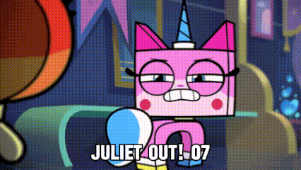 a cartoon cat with a unicorn horn says juliet out 07